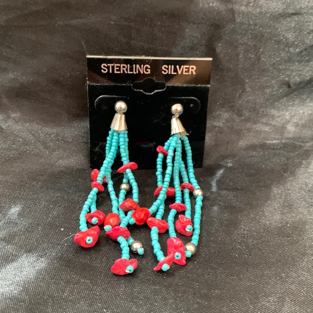 Sterling Silver Turquoise Beaded Dangle Post Earrings Red & Silver Accent Beads